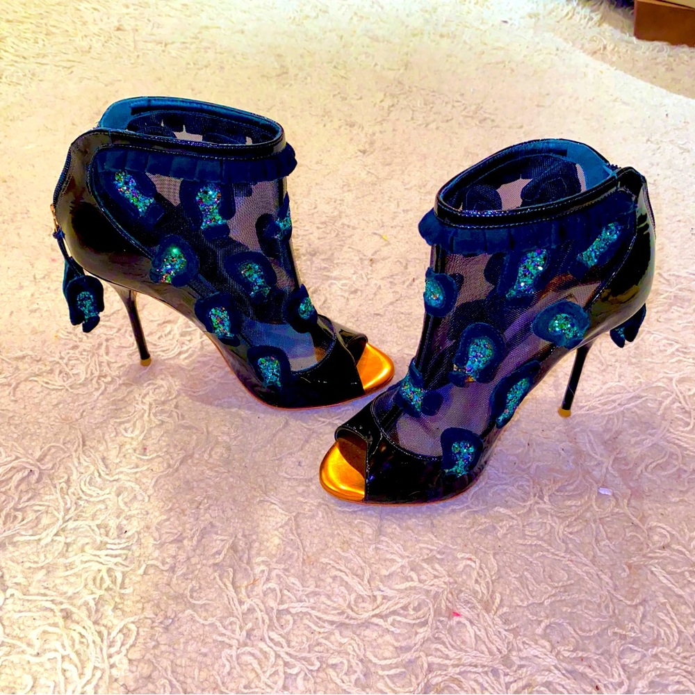 Sophia Webster Black Mesh Leopard Cheetah Sparkle Heel Pumps